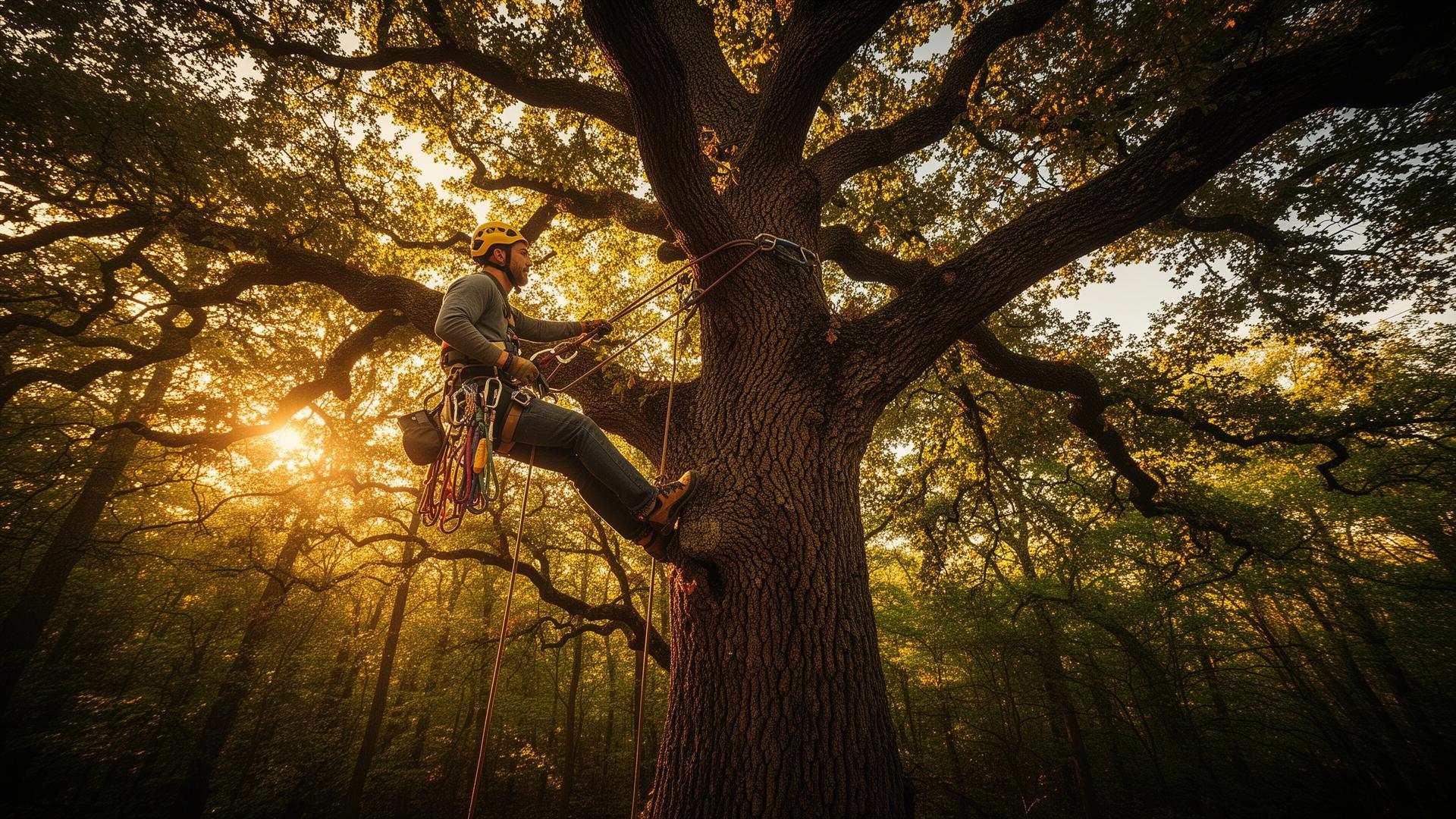 Certified arborist climbing a mature oak at golden hour